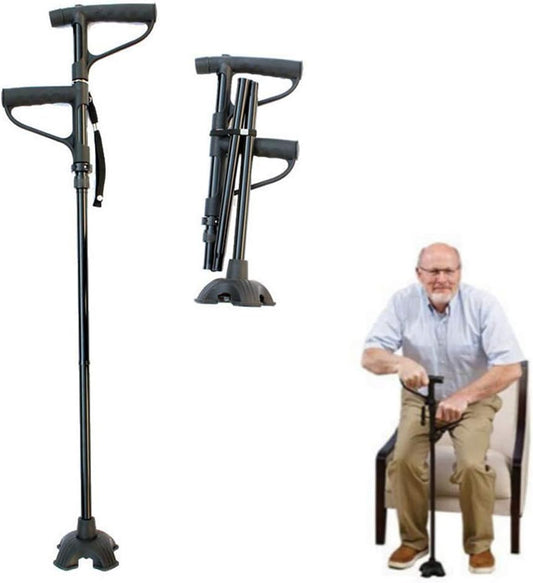 Foldable Double-Handle Walking Cane with Flashlight