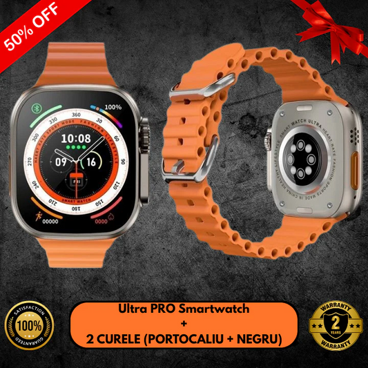 Smartwatch Ultra PRO cu 2 curele (portocalie + neagră)